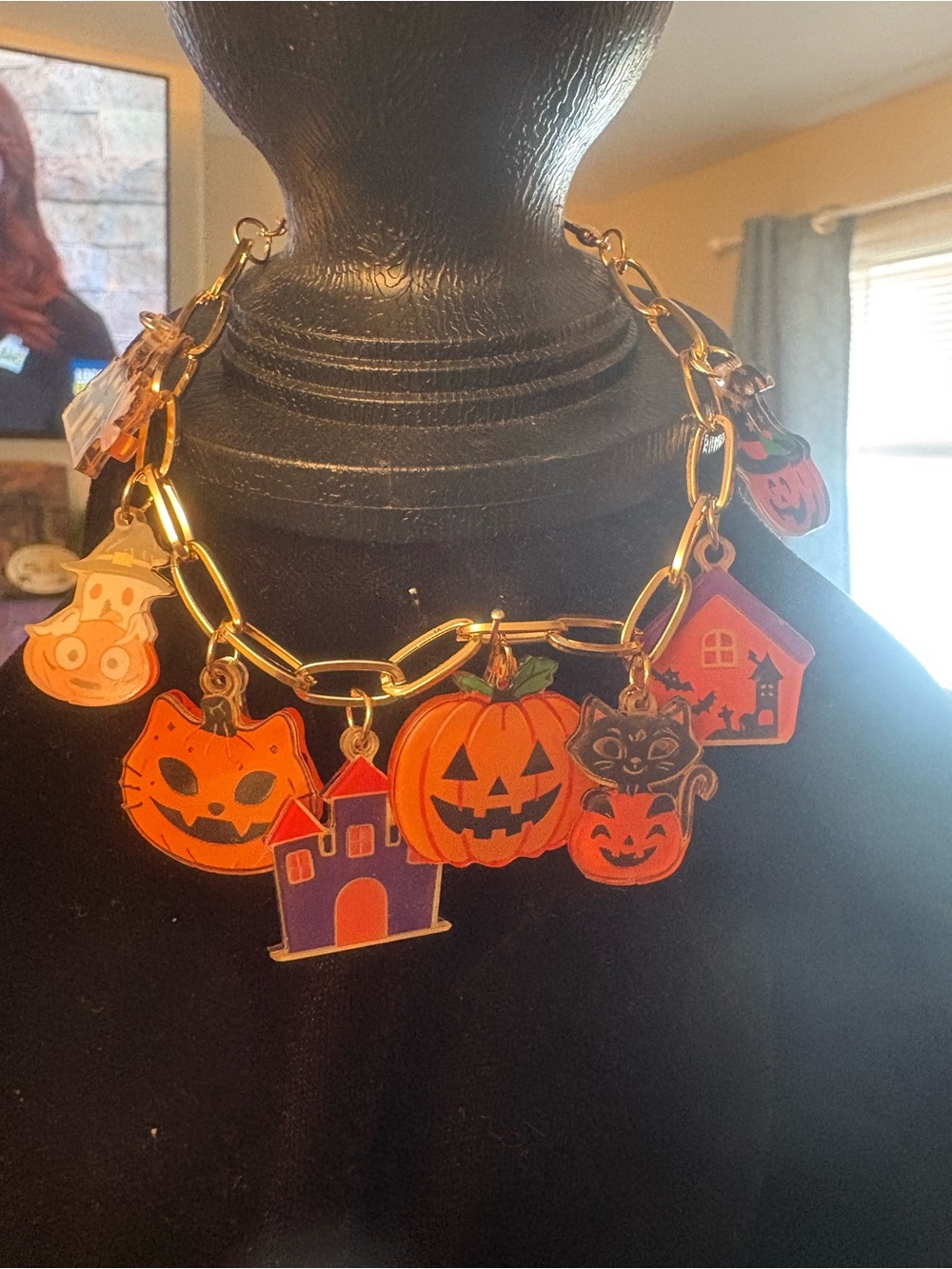 Halloween Charm bracelet, 2D - Orange Pumpkin & Black Cat Theme